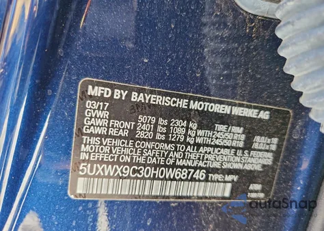 2017 BMW X3 xDrive28I z USA, uszkodzony, nr VIN 5UXWX9C30H0W68746